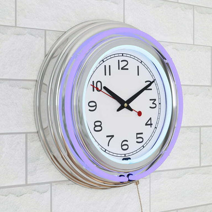 14" Retro Neon Wall Clock, Double Light Ring Vintage Style Clock by Lavish Home
