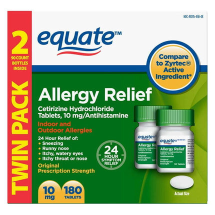 Equate Allergy Relief, Cetirizine Hydrochloride Tablets, 10 mg, 90 Count, 2 Pack