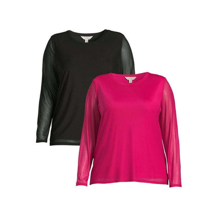 Terra & Sky Women's Plus Size Long Sleeve Mesh Top, 2-Pack