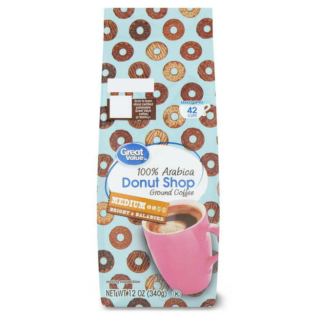 Great Value Donut Shop, 100% Arabica, Medium Roast, Ground Coffee, 12 oz