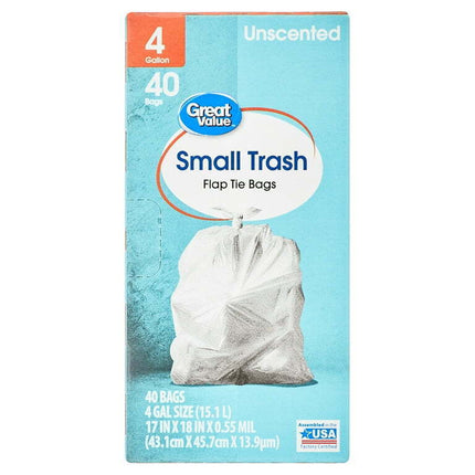 Great Value Small Trash Flap Tie Bags, 4 Gallon, 40 Count