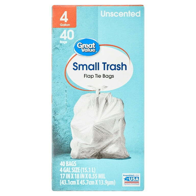 Great Value Small Trash Flap Tie Bags, 4 Gallon, 40 Count