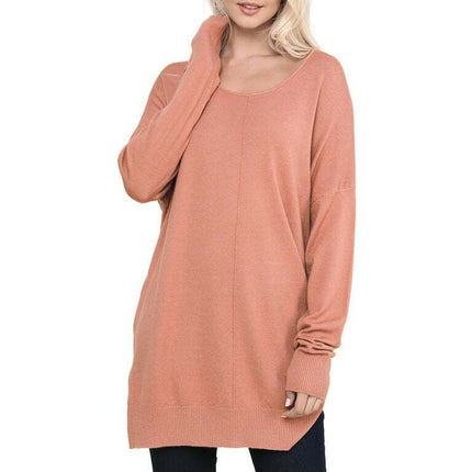 Doublju Women's Long Sleeve Round Neck Loose Fit Knit Sweater with Plus Size