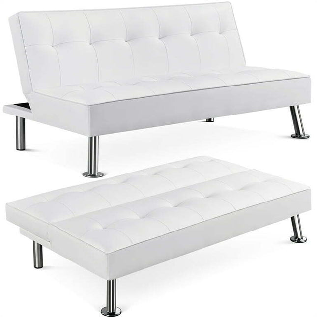 Easyfashion Convertible Faux Leather Futon Sofa Bed, White