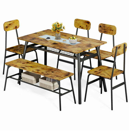 Lofka Dining Table Set for 6 People with 4 Back Chairs and Bench, 440 lbs, Retro