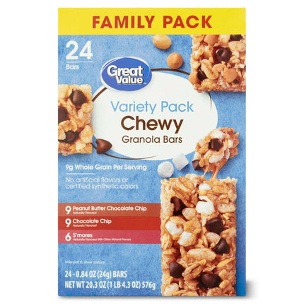 Great Value Chewy Granola Bars Variety Pack, Value Pack, 0.84 oz, 24 Count