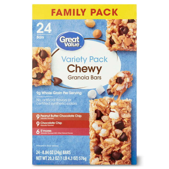 Great Value Chewy Granola Bars Variety Pack, Value Pack, 0.84 oz, 24 Count