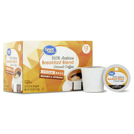 Great Value 100% Arabica Breakfast Blend Medium Roast Ground Coffee Pods, 12 Ct