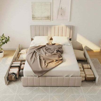 Aiho Bed Frame Queen with 4 Storage Drawers for Bedroom, Beige