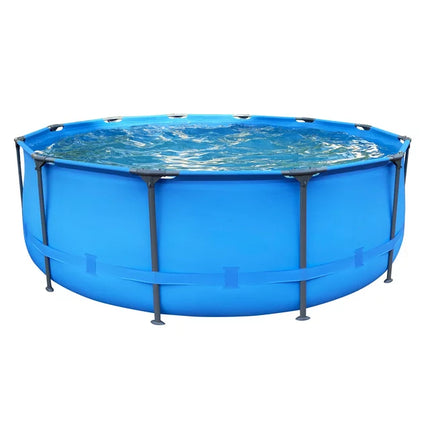 Round Blue Metal-Walled Above-Ground Swimming Pool with Filter