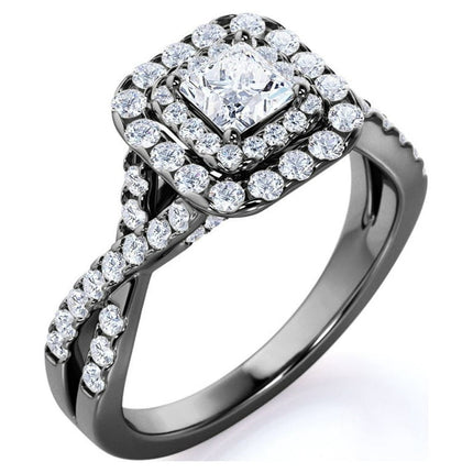1 Carat Princess Cut Moissanite Engagement Ring - Bridal Set - Double Halo Ring - Cluster Ring - 18k Black Gold Over Silver