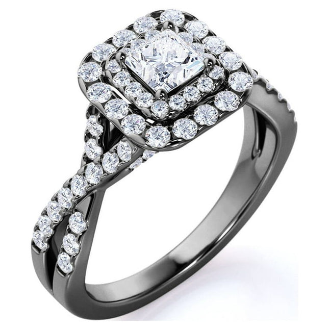 1 Carat Princess Cut Moissanite Engagement Ring - Bridal Set - Double Halo Ring - Cluster Ring - 18k Black Gold Over Silver
