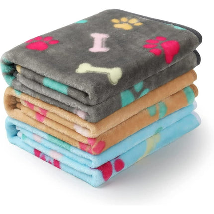 1 Pack 3 Blankets Fluffy Premium Fleece Pet Blanket Flannel Paw Bone Printed Throw for Dog Cat(Medium 30x20'', Grey/ Brown/ Blue)