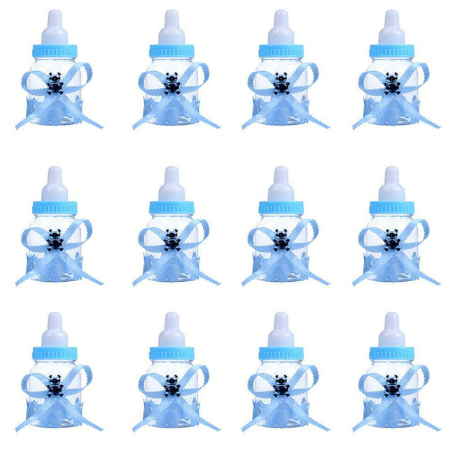 12PCS Baby Bottle Shower Favor, Plastic Candy Bottles, Baby Shower Decorations/Supplies for Boys Girls Babies Baptism Birthday Party, Blue