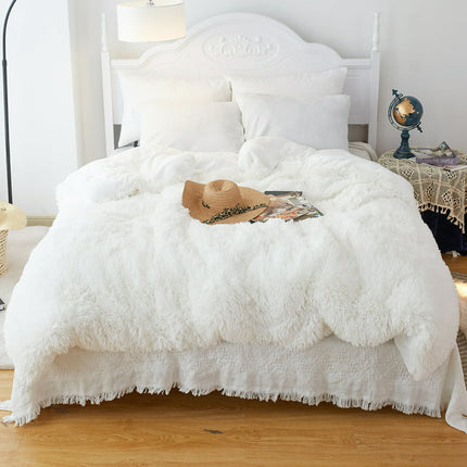 CHOSHOME 3 Pieces Luxury Plush Shaggy Faux Fur Duvet Cover Set(1 Fluffy Fuzzy Comforter Cover + 2 Pompoms Fringe Quilted Pillow Covers) Queen Size, White
