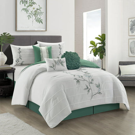 Lanco Queen Floral 7 Piece Comforter Set, Green, California King, Fill Polyester,Embroidery Home Decor