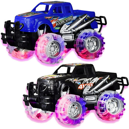 Playo 6” Toddler Monster Truck with LED Light Tires Push Car Toy Truck, 2 Pack Black/Blue