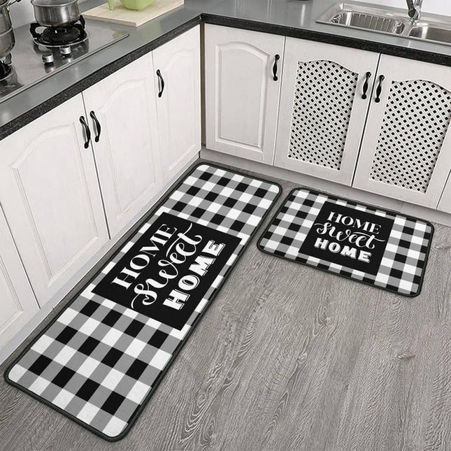 2 Pieces Buffalo Plaid Kitchen Rugs Set Sweet Home Farmhouse Decor Kitchen Mat Black and White Rug, Water Absorb Microfiber Kitchen Rug Checkered Rug for Kitchen,17"x47"+17" X23"