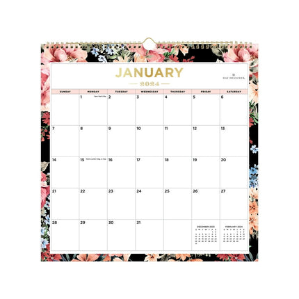 2024 Wall Calendar, 12x12, by Day Designer for Blue Sky, Romance Black