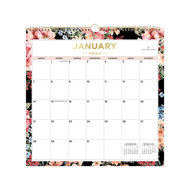 2024 Wall Calendar, 12x12, by Day Designer for Blue Sky, Romance Black
