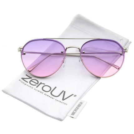 zeroUV Unisex Modern Temple Brow Bar Rimless Gradient Colored Flat Lens Aviator Sunglasses 59mm (Shiny Silver / Purple-Pink) - 59mm