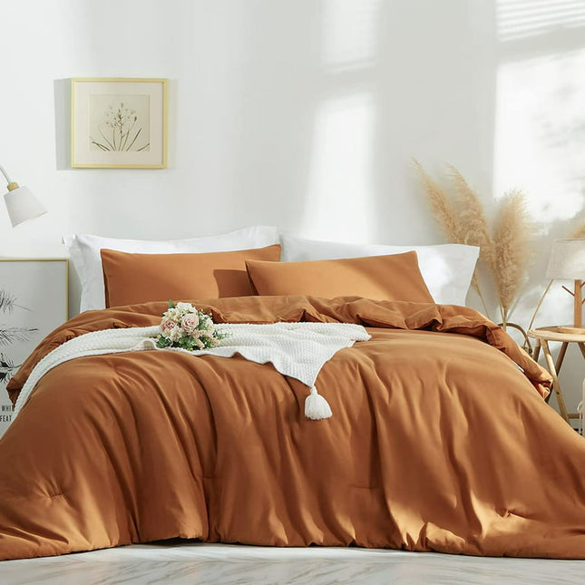 3 Pieces Burnt Orange Comforter Set Caramel Solid Color Bedding Sets Soft Lightweight Microfiber Boho Farmhouse,Queen Size