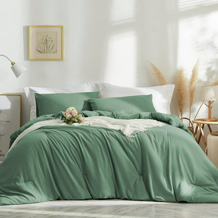 3 Pieces Sage Green Comforter Set Light Green Solid Color Bedding Sets Soft Lightweight Microfiber Boho Farmhouse,Queen Size