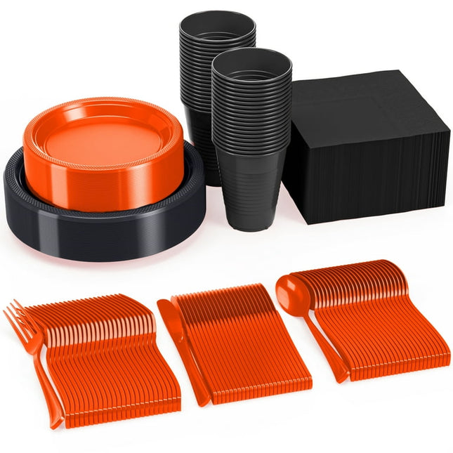 350-Piece Halloween Themed Orange & Black Party Plates and Cutlery Set - Serves 50