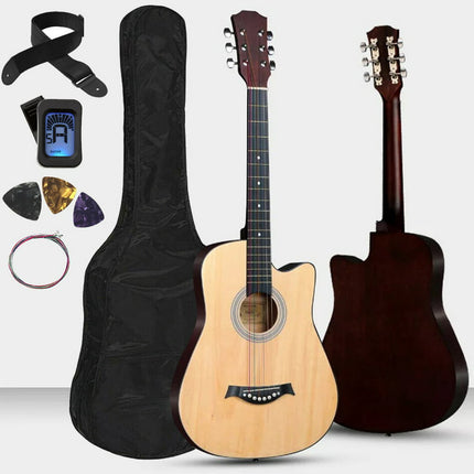 38" All-Wood Acoustic Guitar Starter Level Kit with Gig Bag, E-Tuner, Picks, Strap and Extra Set 6 Strings, Natural