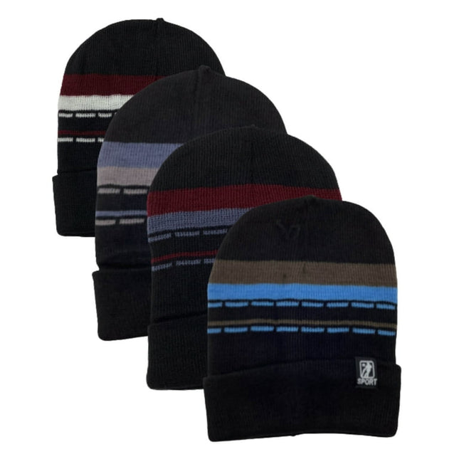 4 Pack Men's Thermal Fleece Lined Winter Insulated Cuff Beanie Hat (Style 2)