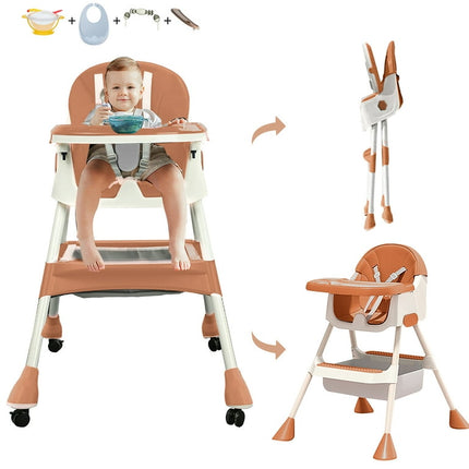 4-in-1 Baby Highchair, Adjustable Kid Dining Chairs with Five-Point Snap Button, Dinner Plate and Toy Rack, Brown