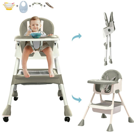 4-in-1 Baby Highchair, Adjustable Kid Dining Chairs with Five-Point Snap Button, Dinner Plate and Toy Rack, Gray