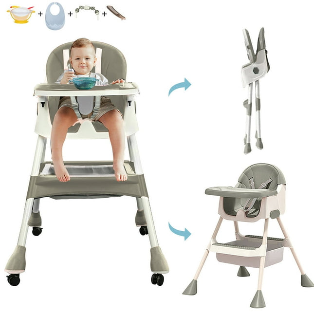 4-in-1 Baby Highchair, Adjustable Kid Dining Chairs with Five-Point Snap Button, Dinner Plate and Toy Rack, Gray