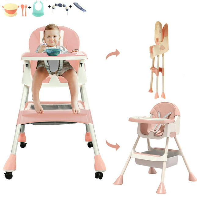 4-in-1 Baby Highchair, Adjustable Kid Dining Chairs with Five-Point Snap Button, Dinner Plate and Toy Rack, Pink