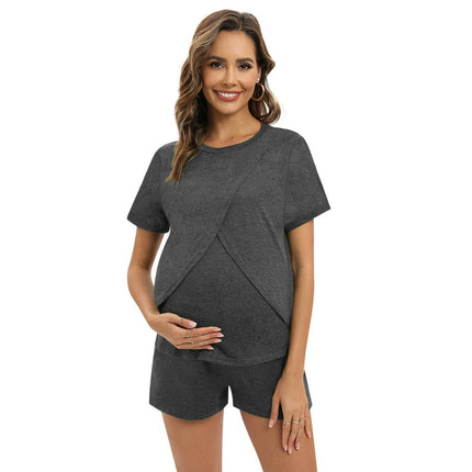 Baywell Women's Maternity Nursing Pajama Set 2 Piece Short Sleeve Top and Shorts Sleepwear Breastfeeding Sleepwear Pregnancy Gray S-2XL