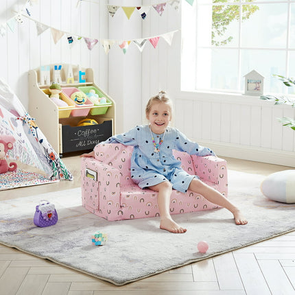 Ulax Furniture Convertible 2-in-1 Flip Open Kids Loveseat/ Couch/ Sleeper Sofa (Pink Rainbow)