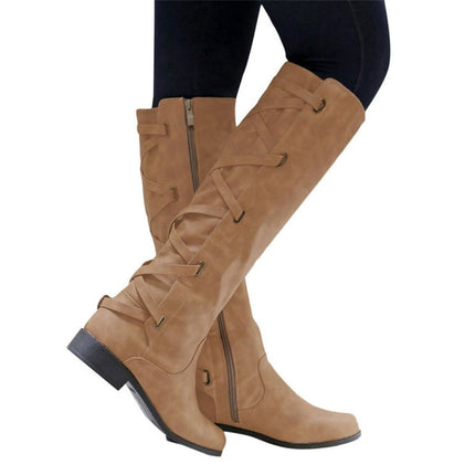 Juebong Christmas Deals Women's Boots Belt Buckle Boots Back Lace-Up Rider Boots Flat Over Knee Leather Boots Women,6.5, Khaki