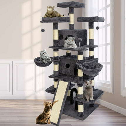 68 Inches Multi-Level Big Cat Tree, Tall Multi-Cats Tower with 2 Big Cat Condo &Cat Hair Brush, Large Cat Tree with 3 Padded Plush Perches & Scratching Posts