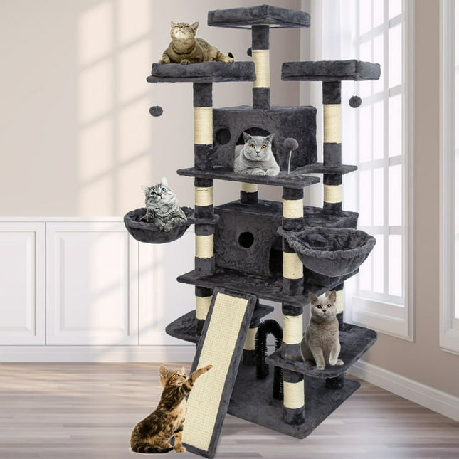 68 Inches Multi-Level Big Cat Tree, Tall Multi-Cats Tower with 2 Big Cat Condo &Cat Hair Brush, Large Cat Tree with 3 Padded Plush Perches & Scratching Posts