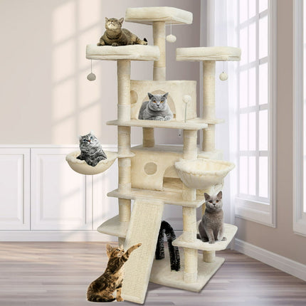 68 Inches Multi-Level Large Cat Tree , Tall Multi-Cats Tower with 2 Big Cat Condo &Cat Hair Brush , Large Cat Tree with 3 Padded Plush Perches & Scratching Posts for Kittens (Beige)