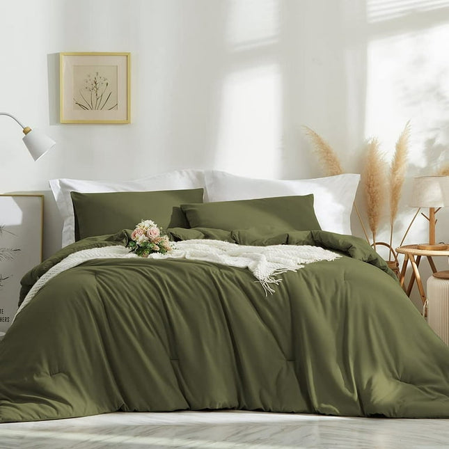 3 Pieces Olive Green Comforter Set Dark Green Solid Color Bedding Sets Soft Lightweight Microfiber Boho Farmhouse,King Size