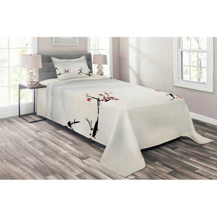 Asian Coverlet Set Twin Size, Japanese Nature Landscape National Sakura Flower over Himalayas and Flying Gulls, Quilted 3 Piece Decor Bedspread Set with Pillow Sham, Beige Red Black, by Ambesonne