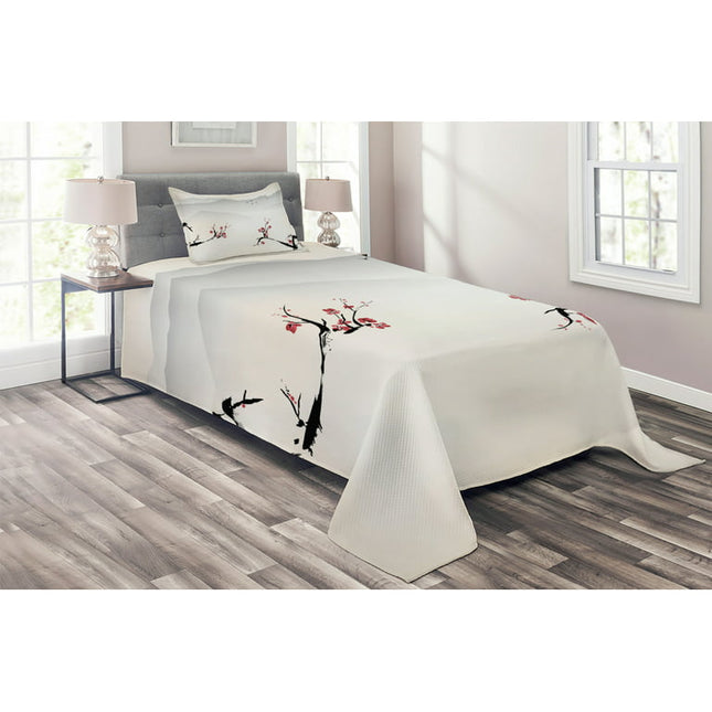Asian Coverlet Set Twin Size, Japanese Nature Landscape National Sakura Flower over Himalayas and Flying Gulls, Quilted 3 Piece Decor Bedspread Set with Pillow Sham, Beige Red Black, by Ambesonne