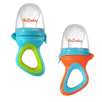 RaZbaby Fruit Feeder Pacifier 6m+ (2 Pack), Add Frozen Fruit or Fresh Food | Silicone Pouch | BPA Free | Green/Orange
