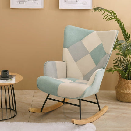 Rocking Chair, Mid Century Fabric Rocker Chair with Wood Legs and Patchwork Linen for Livingroom Bedroom, Blue