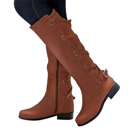 Juebong Christmas Deals Women's Boots Belt Buckle Boots Back Lace-Up Rider Boots Flat Over Knee Leather Boots Women,7.5, Brown
