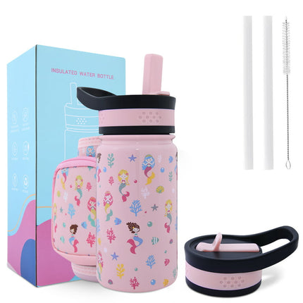 LOCHAS Kids Vacuum Stainless Steel Water Bottle for Toddlers Girls Boys Outdoor Cup with Straw 2 Lids,Insulated Water Bottle with Holder Pouch Carrier Bag,14oz,Mermaid Print