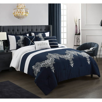 Lanco Summer Leah 6- Piece Comforter Bedding Set, Navy, Bed Size Queen, 100% Polyester Fill