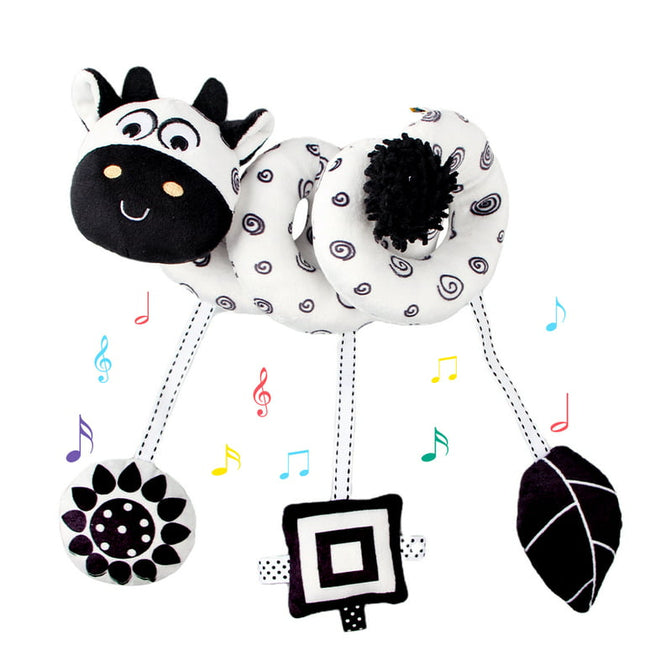 AIPINQI Baby Car Seat Toy, Black and White High Contrast Stroller Plush Rattles Toy, Cow