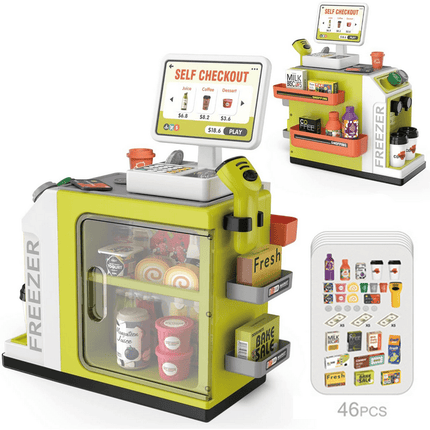 Adofi Upgraded Cash Register Playset for Kids - 46PCS, Kids Pretend Play Cash Register Toys with Scanner, Shopping Cart, Calculator, Play Food, Credit Card, Supermarket Cashier Gifts for Kid-Green